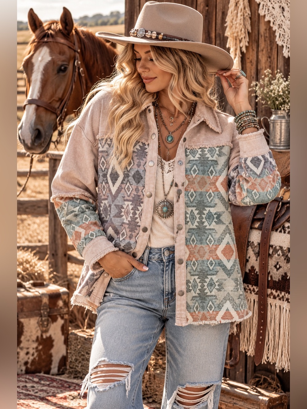 Multi pink blue aztec tribal horse patchwork western boho coat jacket blazer